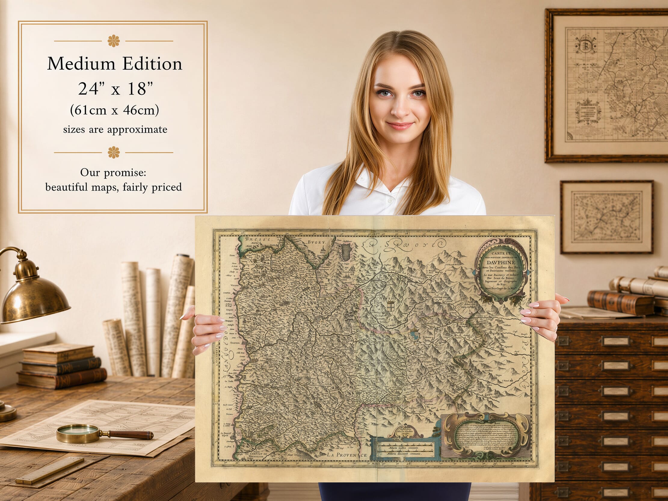 Woman holding the medium 24 × 18 inch old map of the French Alps