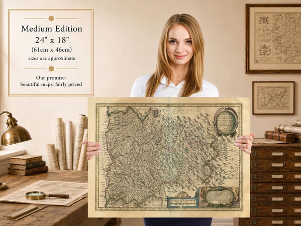 Woman holding the medium 24 × 18 inch old map of the French Alps