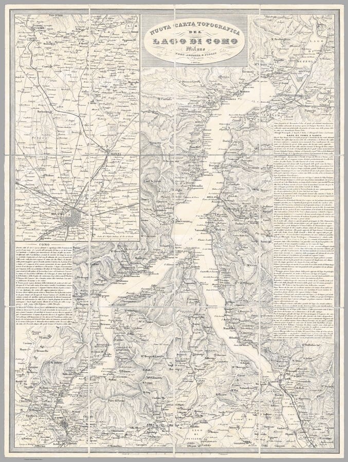 Old map of Lake Como, Italy, by Pietro Allodi, 1866