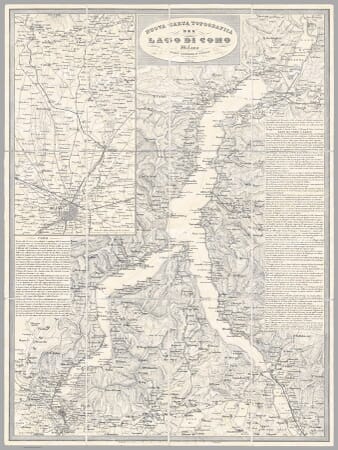 Old map of Lake Como, Italy, by Pietro Allodi, 1866