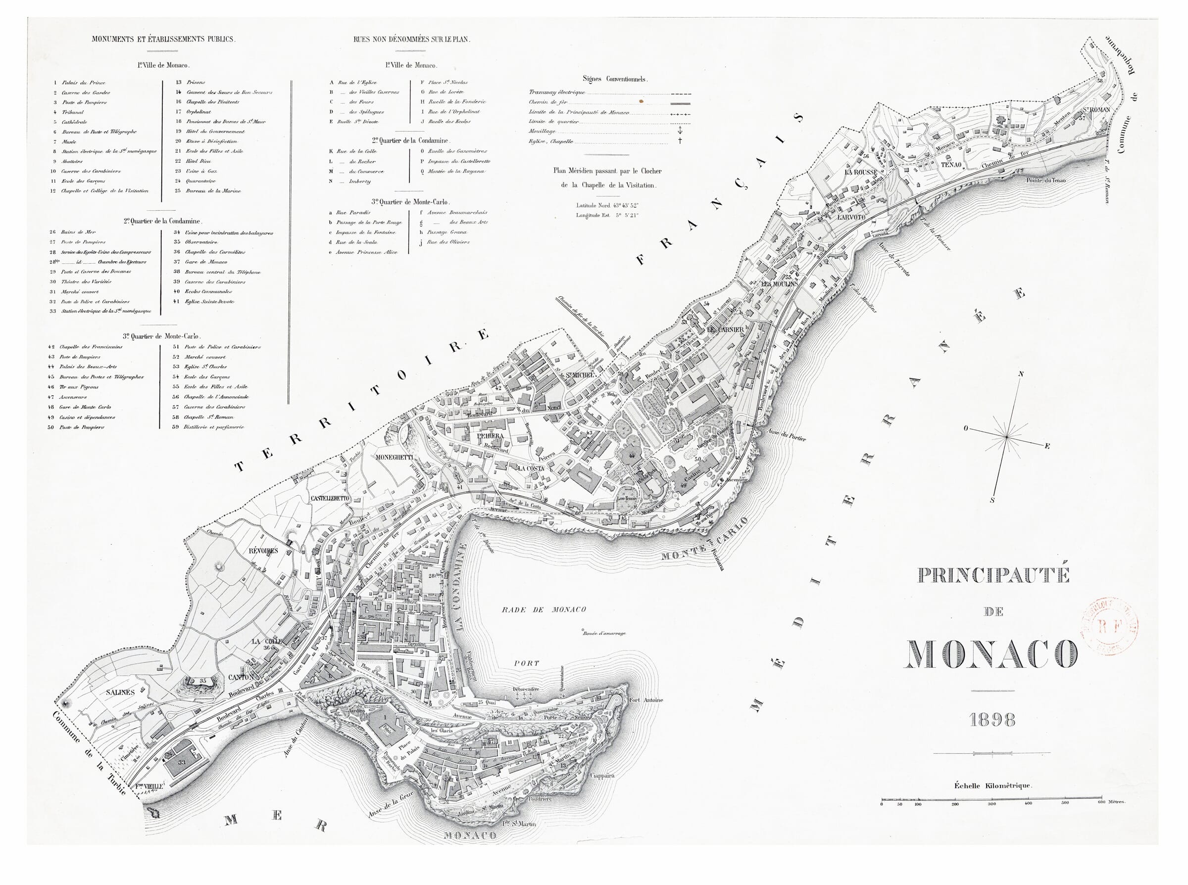 1898 historic map of Monaco showing Monte-Carlo, La Condamine and Monaco-Ville
