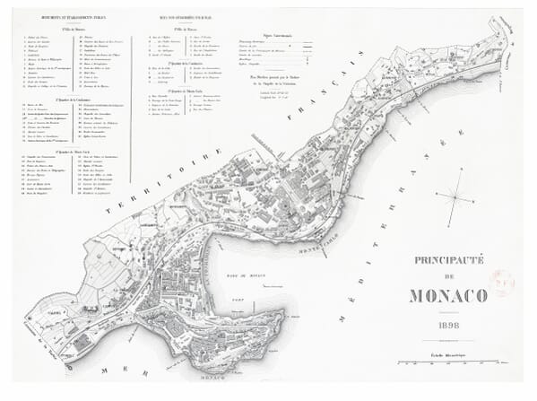 1898 historic map of Monaco showing Monte-Carlo, La Condamine and Monaco-Ville