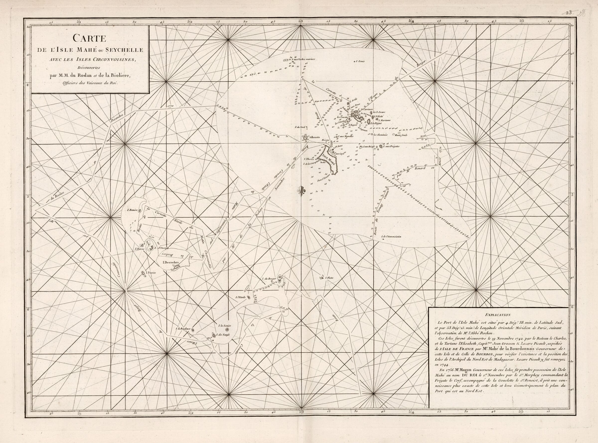 1772 French nautical chart of Mahé and the Seychelles islands