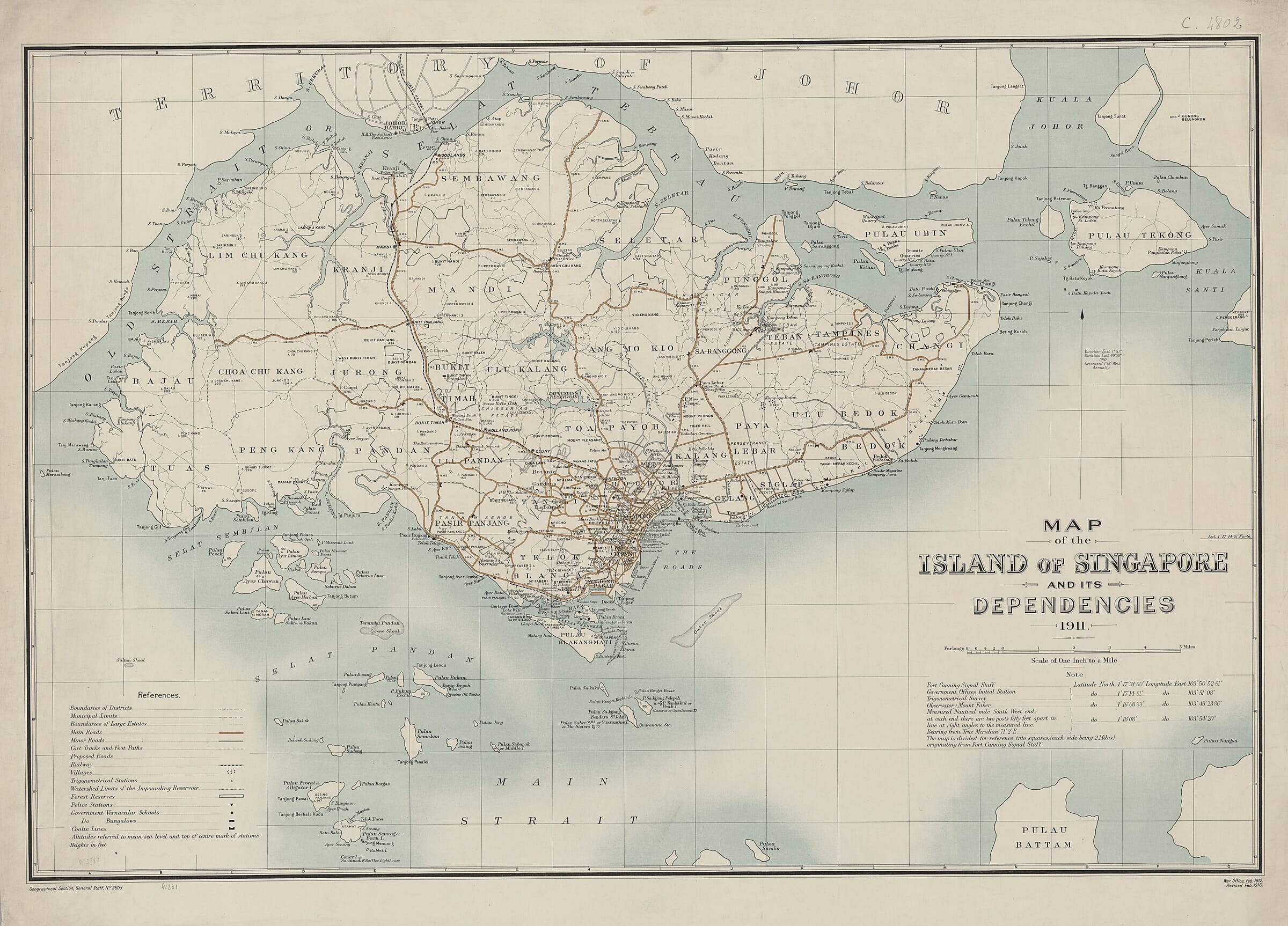 Old map of Singapore in 1911 showing roads, railway, districts and surrounding islands