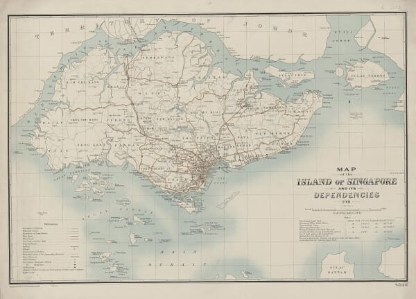 Old map of Singapore in 1911 showing roads, railway, districts and surrounding islands