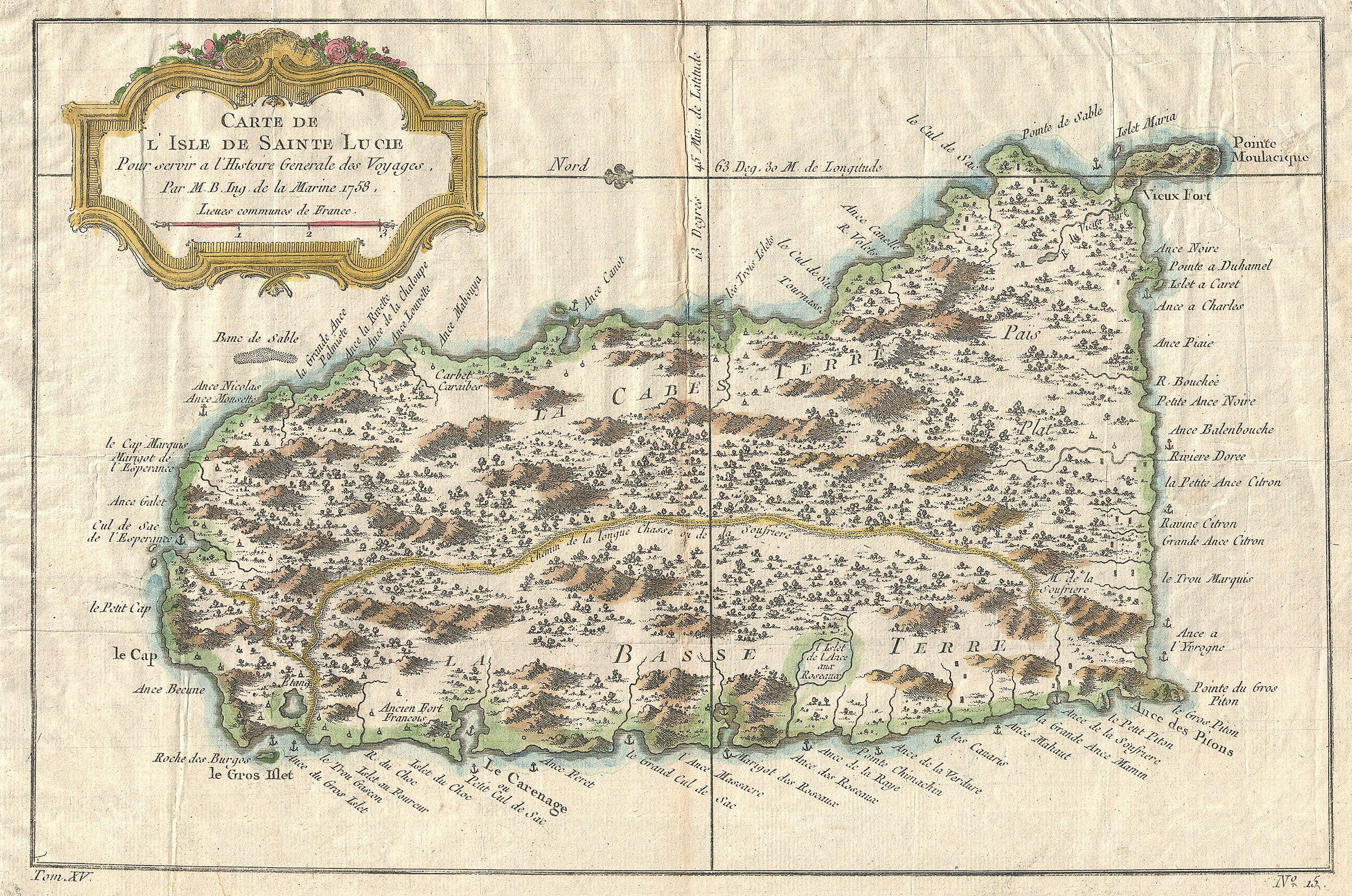 Old map of Saint Lucia by Jacques-Nicolas Bellin, 1758