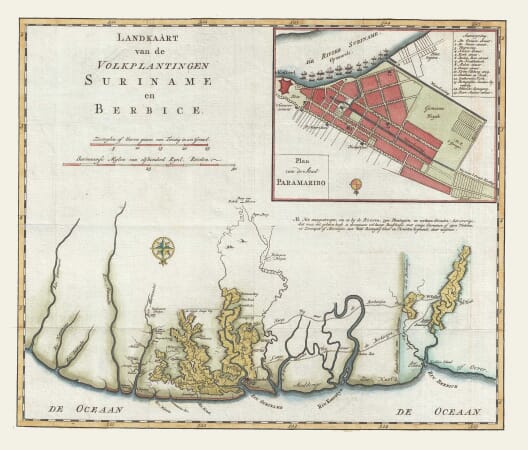 1767 historic map of Suriname showing plantations, rivers and Paramaribo