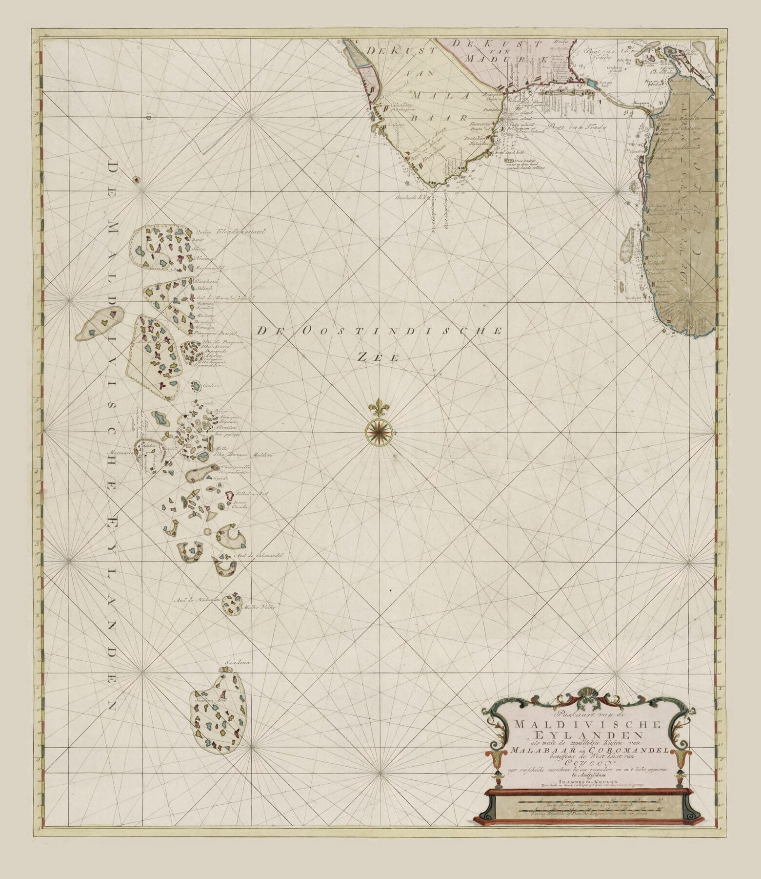 Old map of the Maldives by Johannes van Keulen, 1753