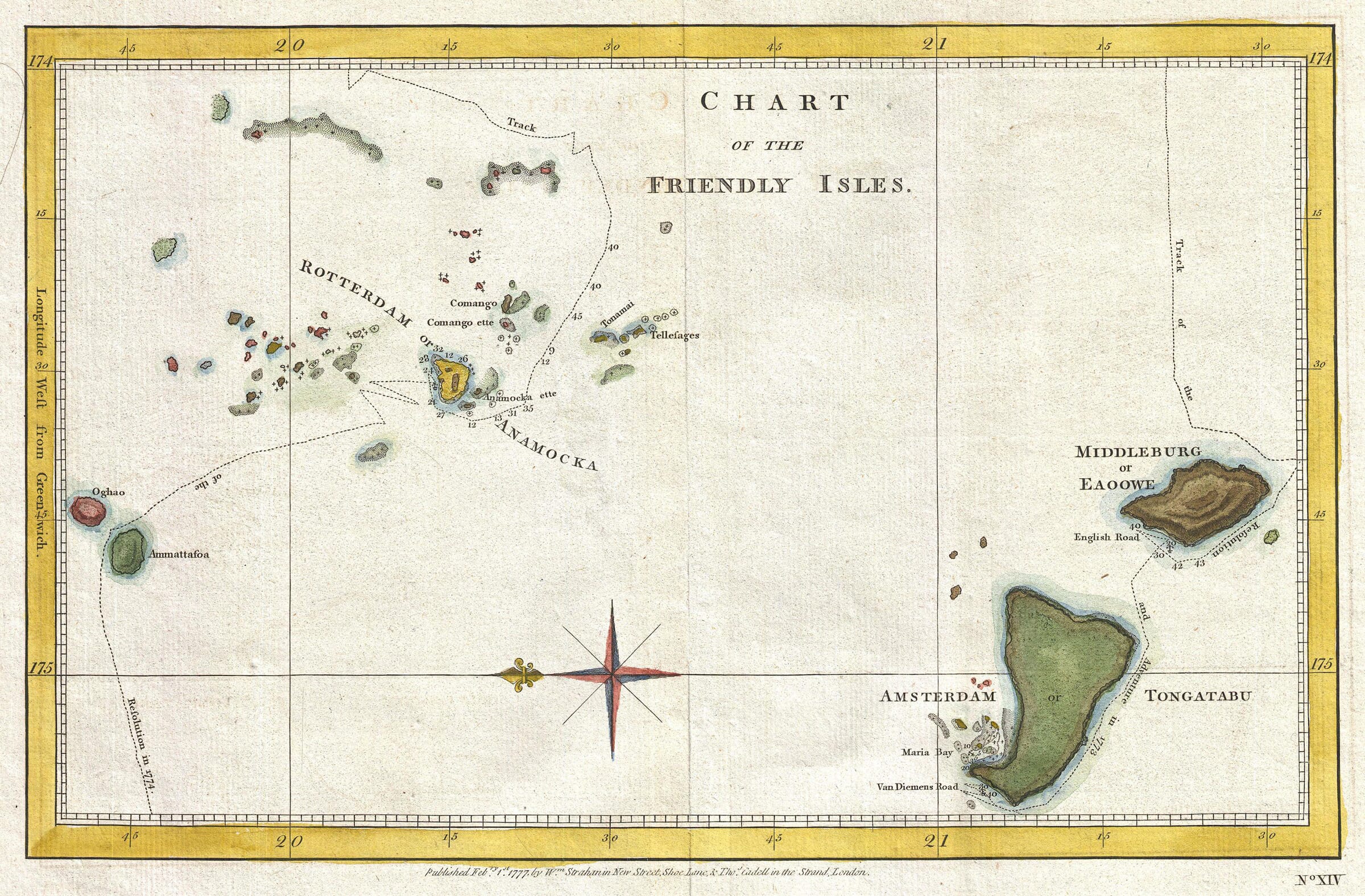 Old map of Tonga c.1785 showing the Friendly Isles, Tongatapu, Anamocka and Captain Cook’s sailing tracks