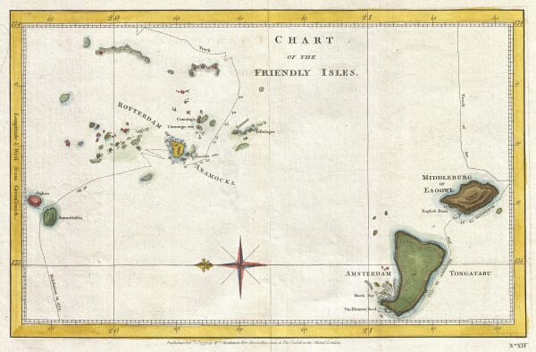 Old map of Tonga c.1785 showing the Friendly Isles, Tongatapu, Anamocka and Captain Cook’s sailing tracks