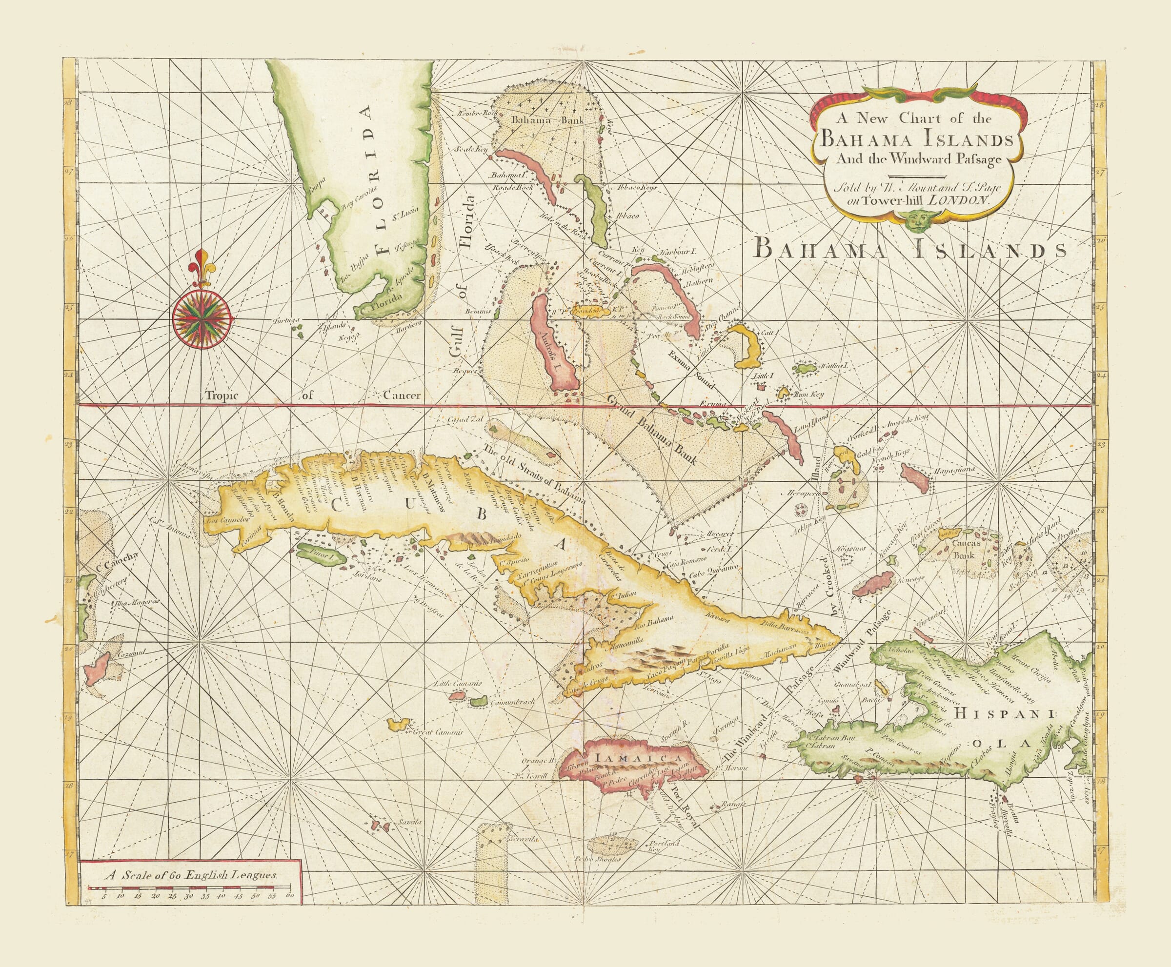 Old map of the Bahamas by Mount and Page, 1737, showing Cuba, Florida, Jamaica and Caribbean sea routes