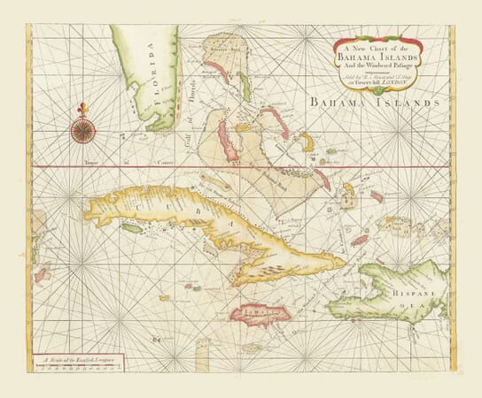 Old map of the Bahamas by Mount and Page, 1737, showing Cuba, Florida, Jamaica and Caribbean sea routes