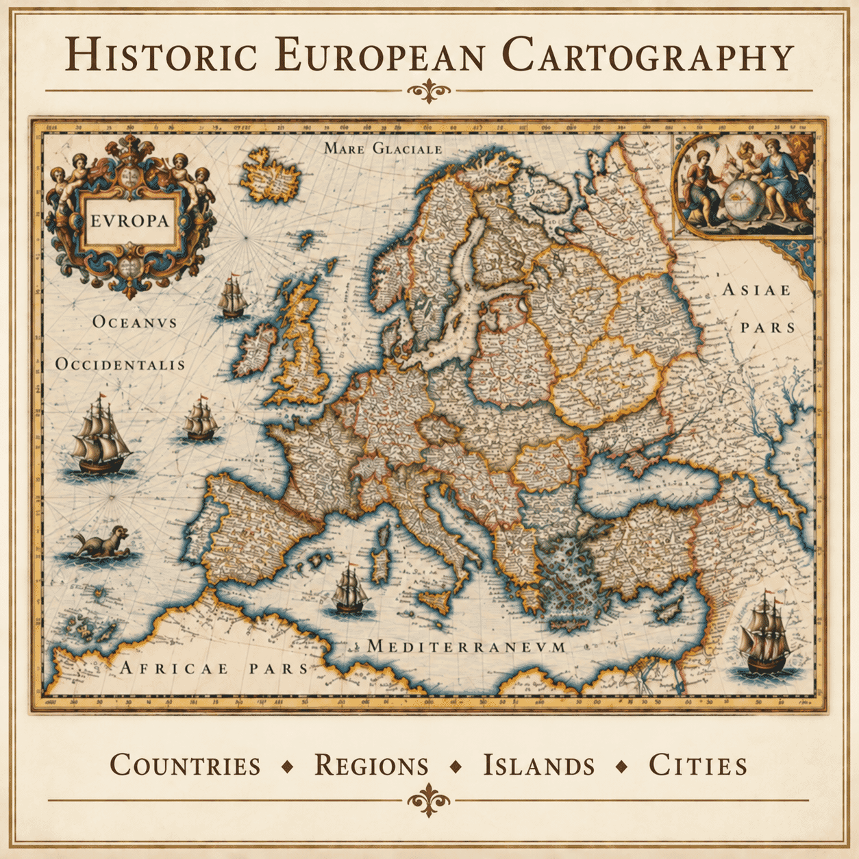 Old map of Europe showing historic countries, regions, islands and cities