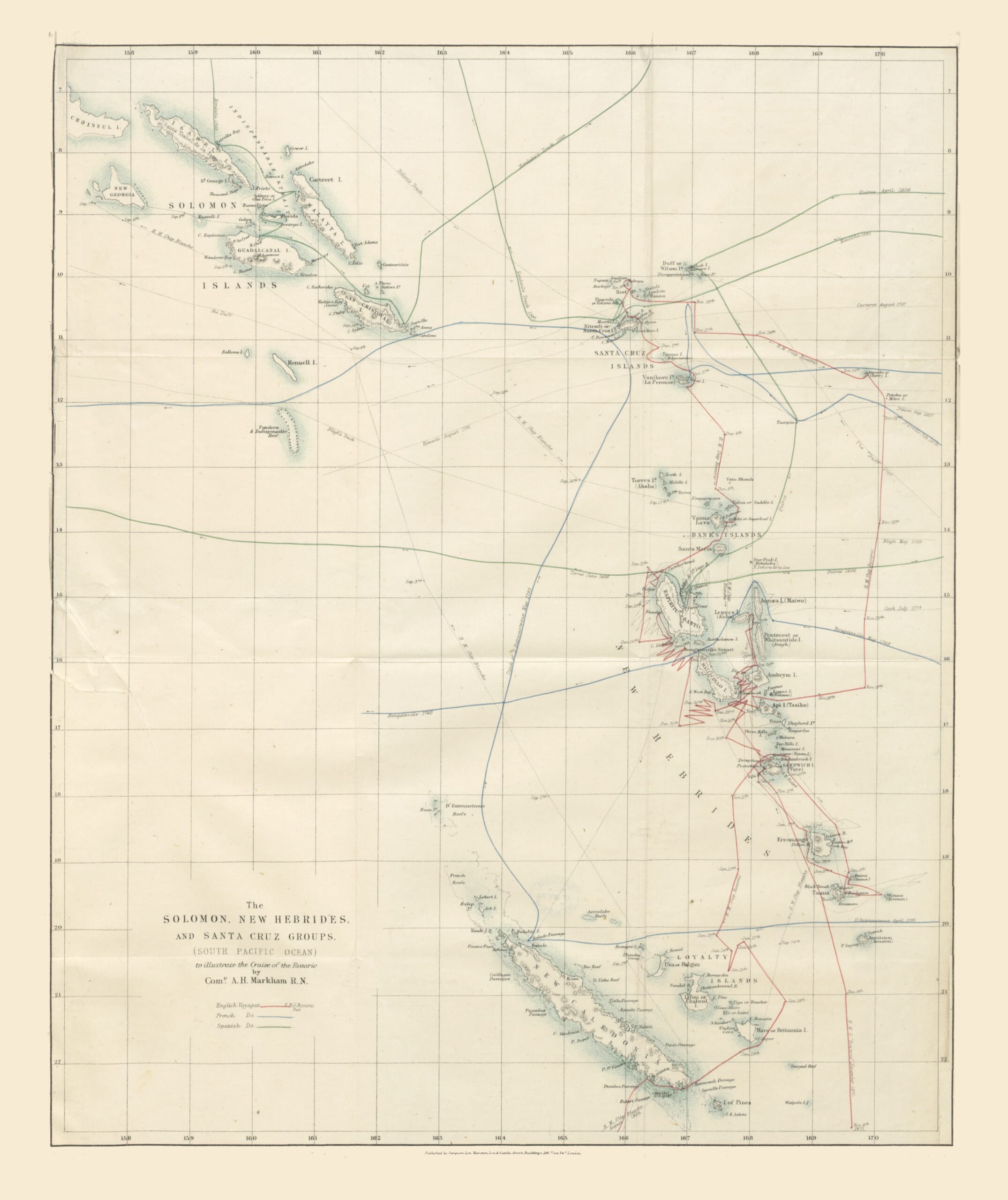 Old Map of the Solomon Islands, Santa Cruz and New Hebrides, 1872