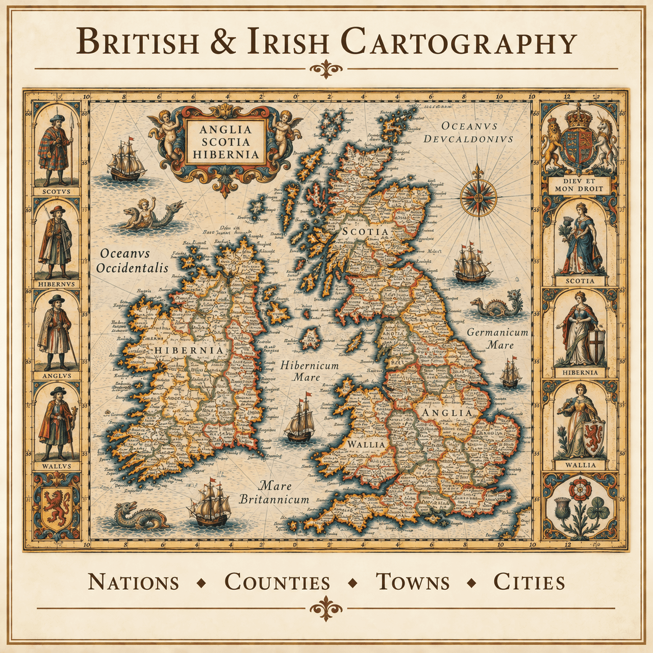Historic map of Great Britain and Ireland representing UK county, town and city maps