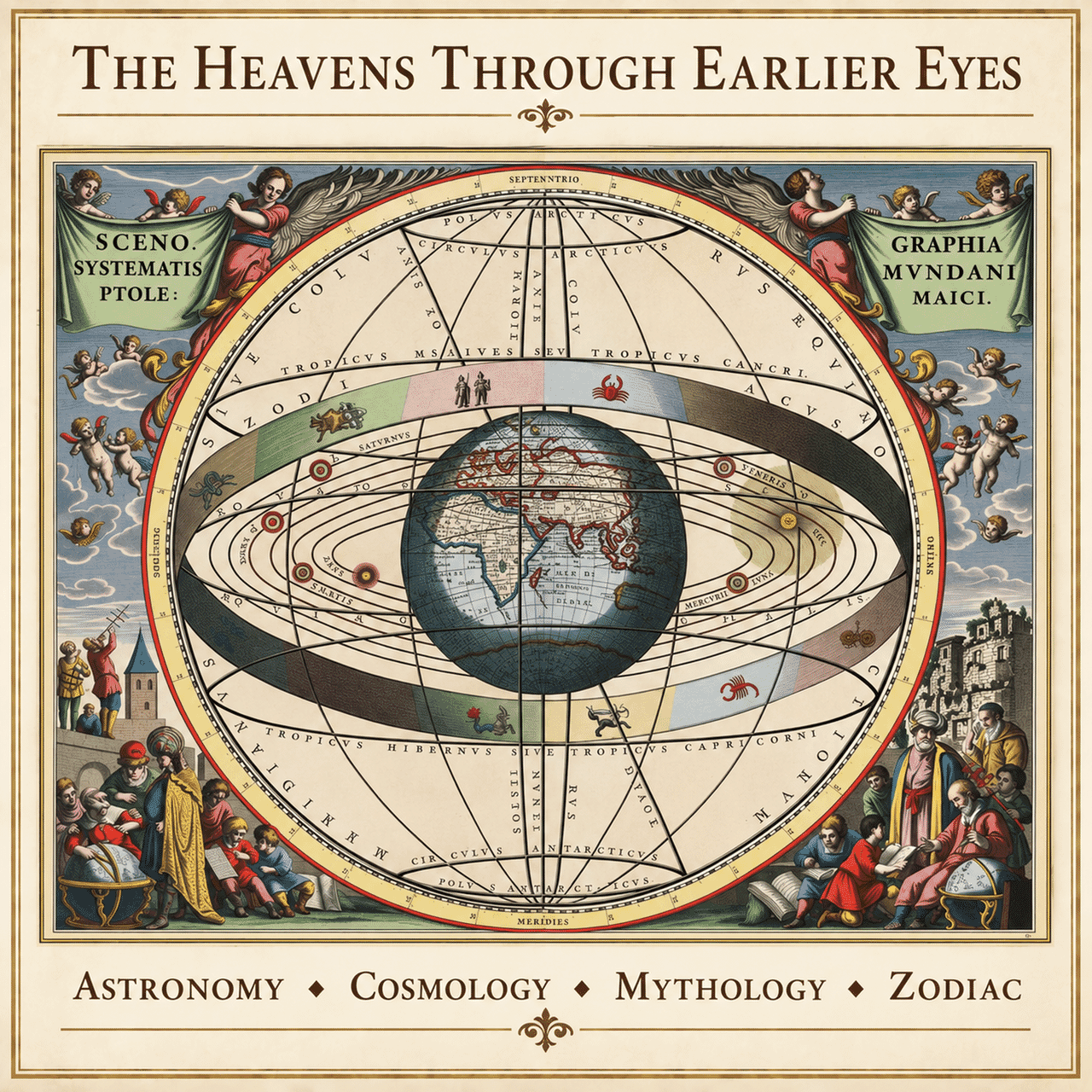 Historic Cellarius celestial chart showing Earth, planetary paths and zodiac symbols