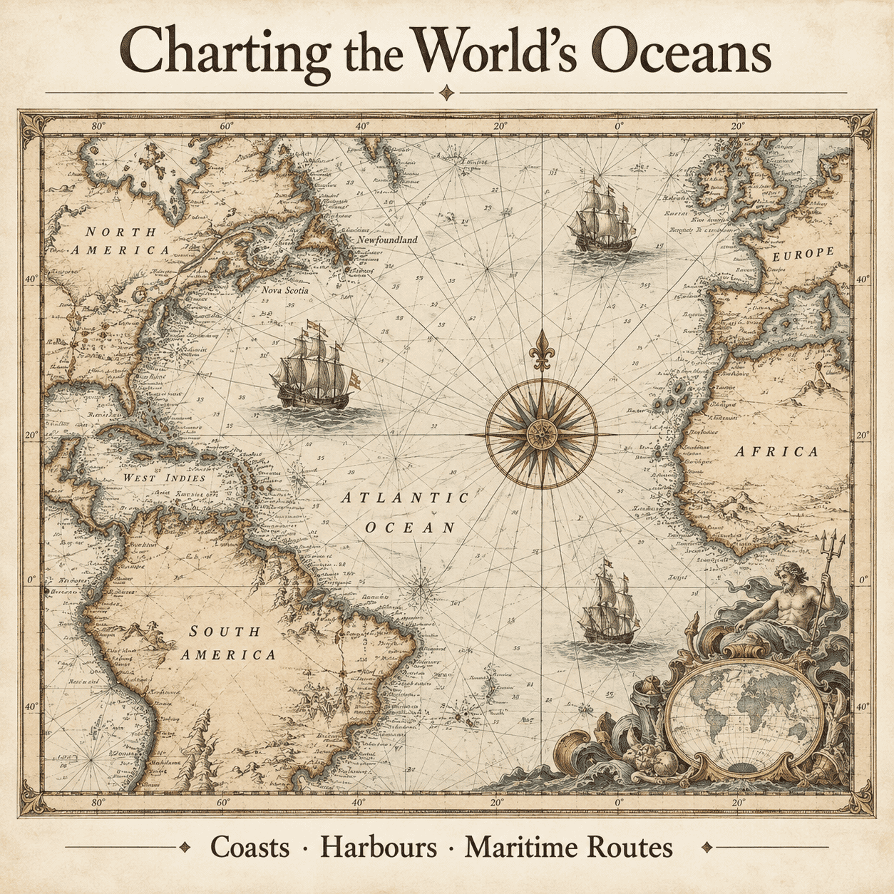 Historic sea chart of the Atlantic with compass rose, sailing ships and maritime routes