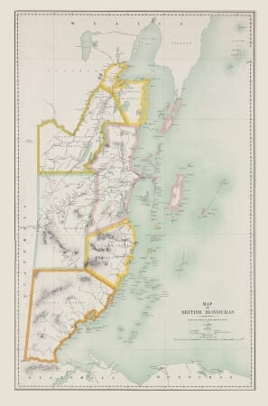 Old map of Belize as British Honduras in 1911 showing districts, rivers, mountains and Caribbean cays