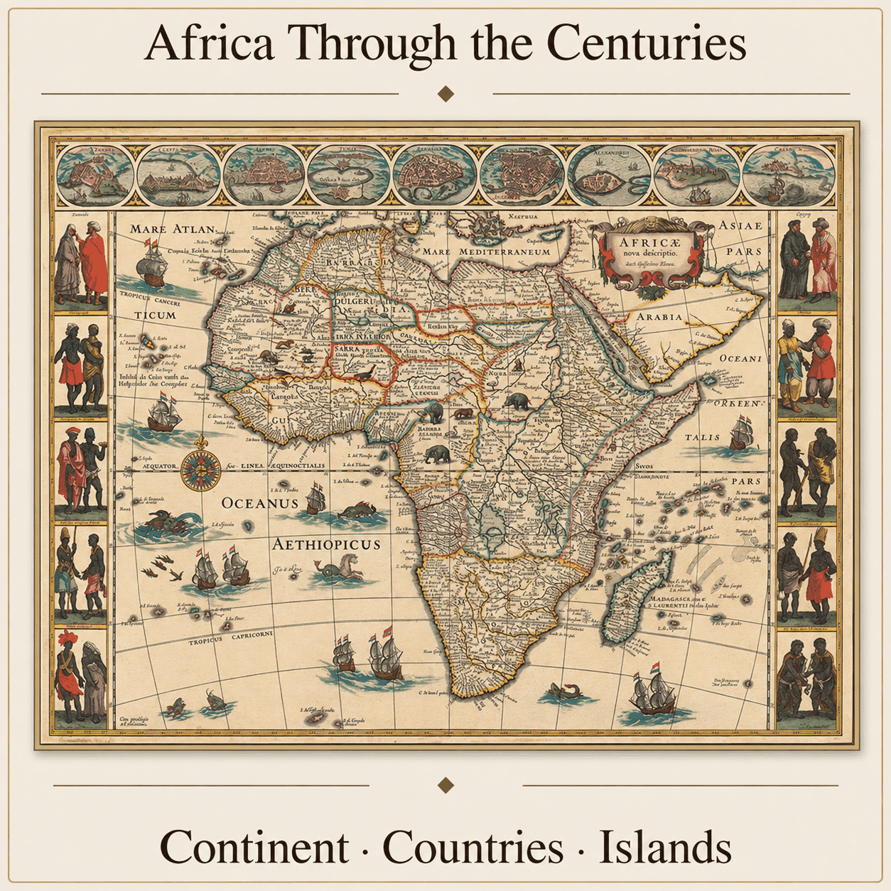 Coloured historic map of Africa by Willem Blaeu with city views and decorative figures