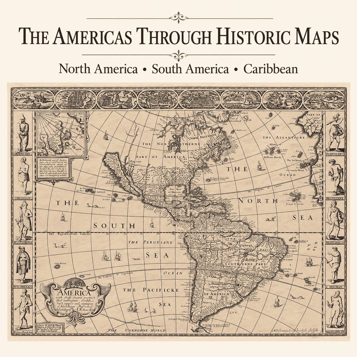 John Speed’s historic map of North and South America with decorative borders and early geographical detail