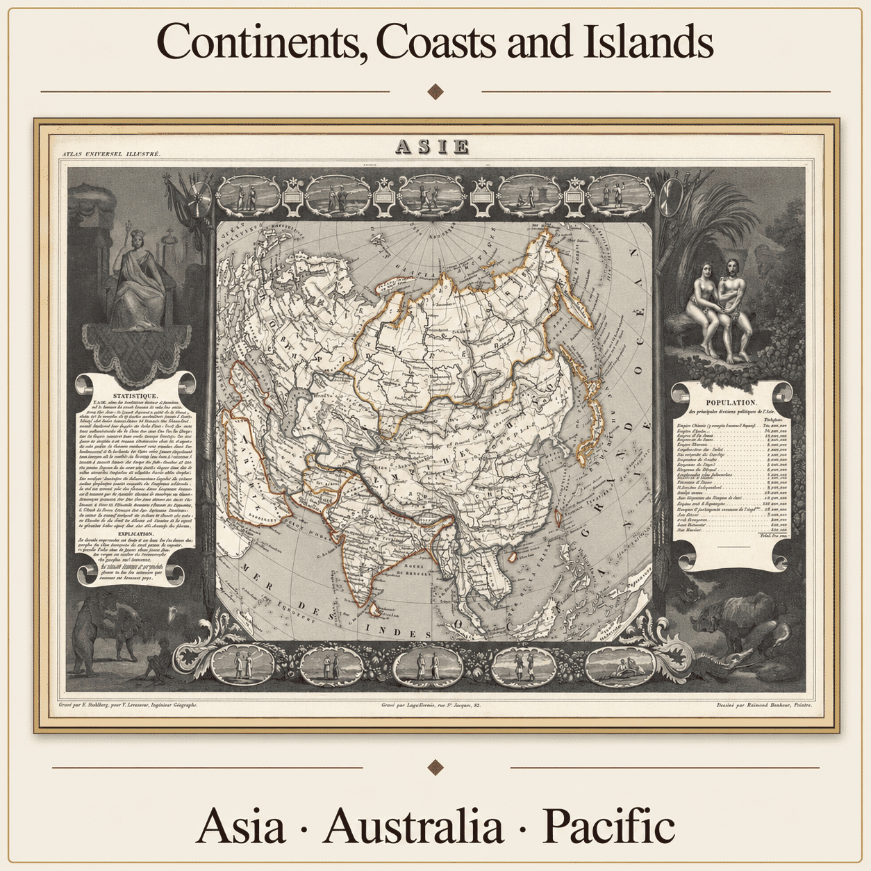 Historic map of Asia by Victor Levasseur with engraved figures and statistical panels