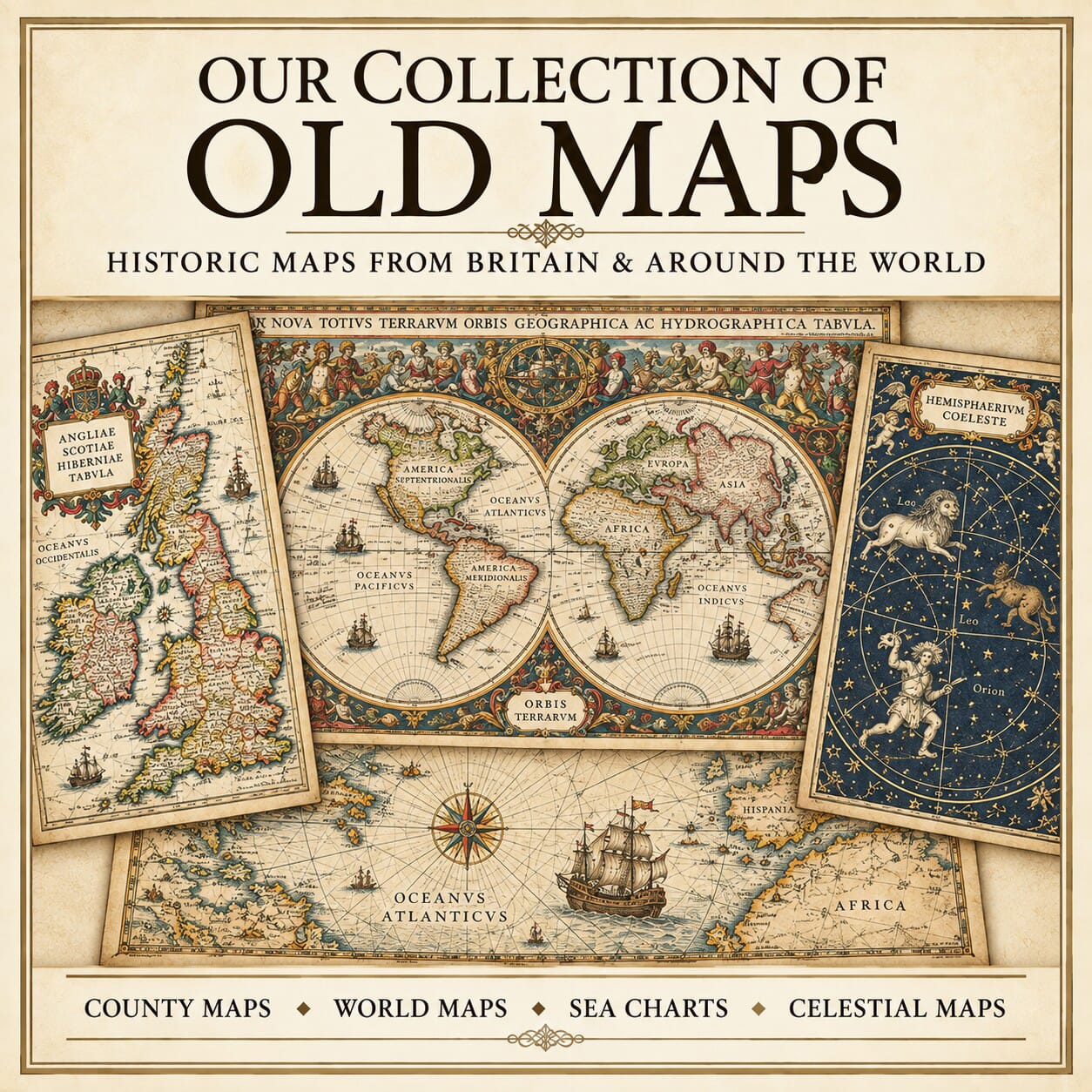 Old maps collection with county maps, world maps, sea charts and celestial maps