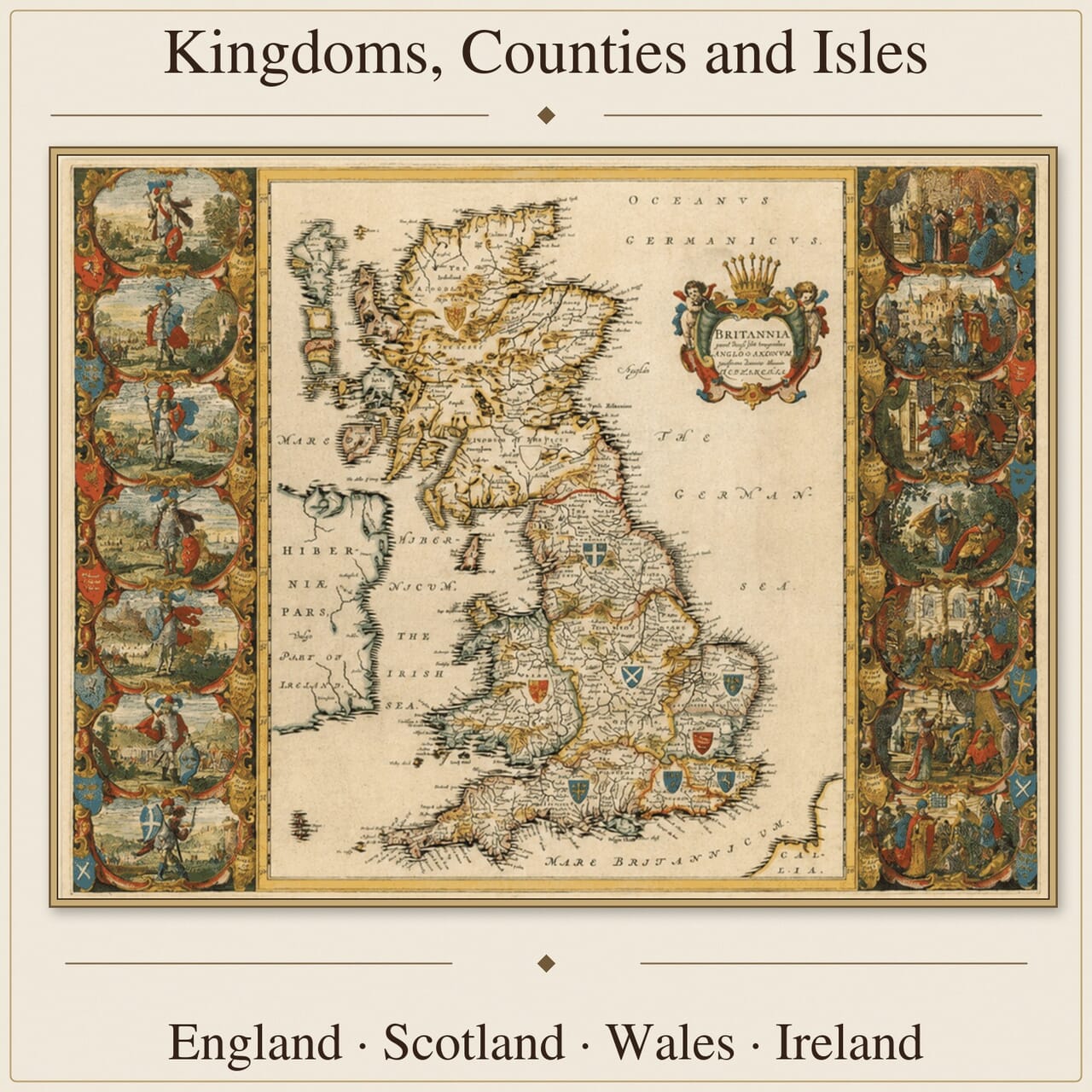 Coloured Map of Anglo-Saxon Britain by Joan Blaeu