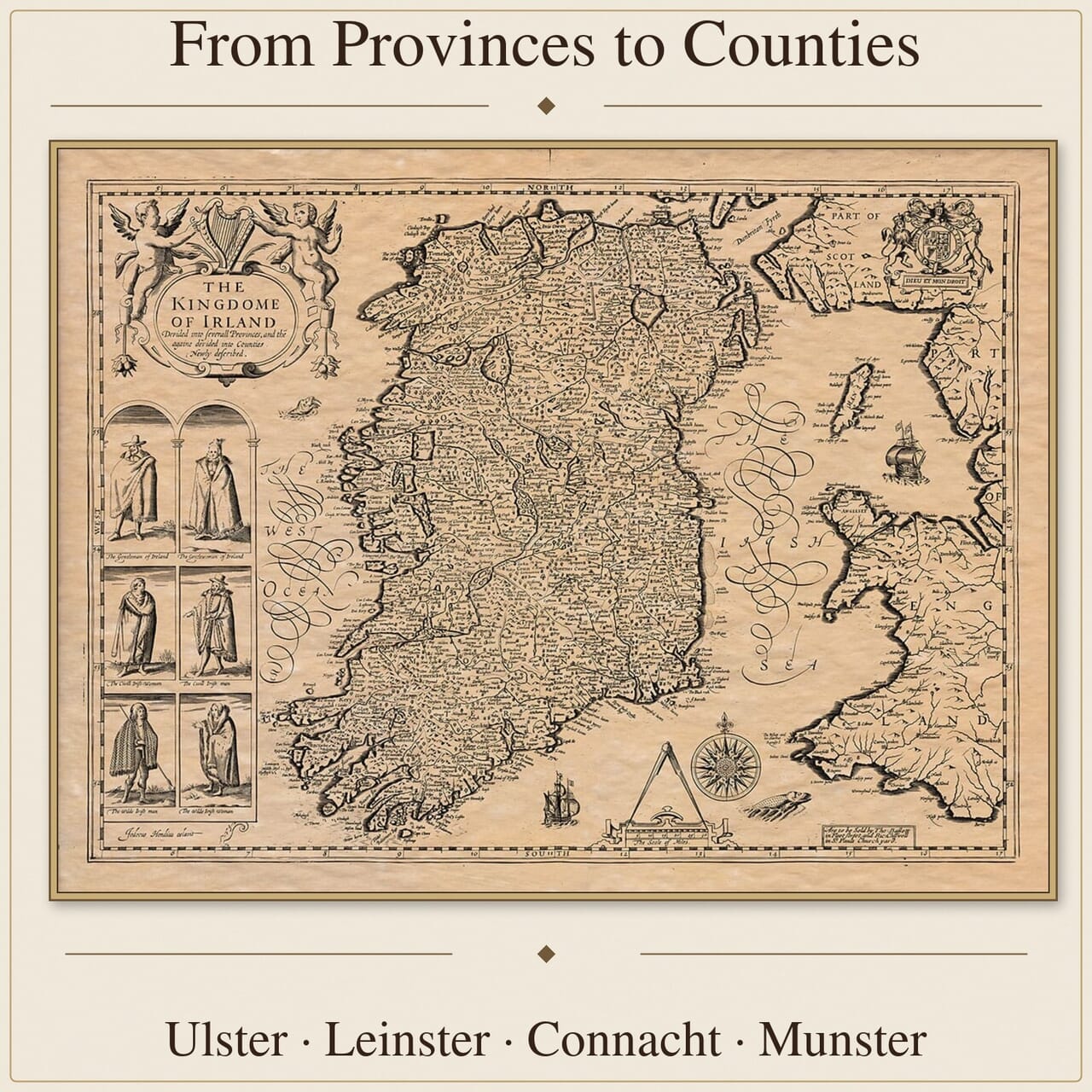 Historic map of Ireland showing Ulster, Leinster, Connacht, Munster and the old counties
