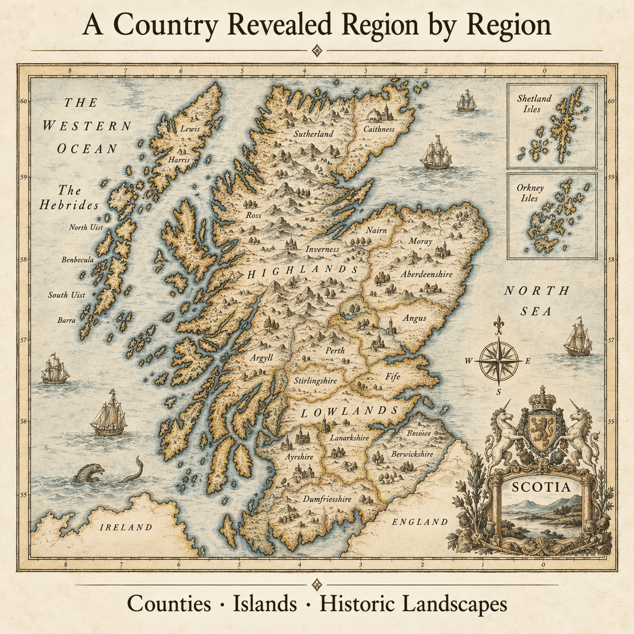 Historic map of Scotland showing counties, Highlands, Hebrides, Orkney and Shetland