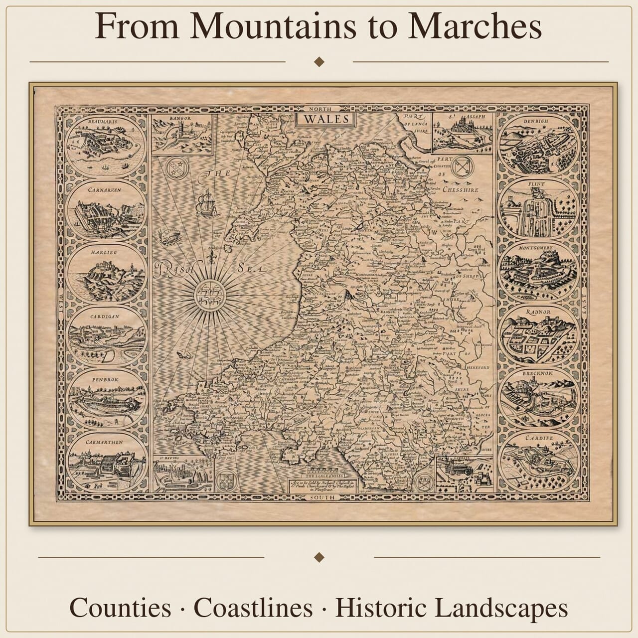 John Speed’s historic map of Wales with county detail, town plans and compass rose