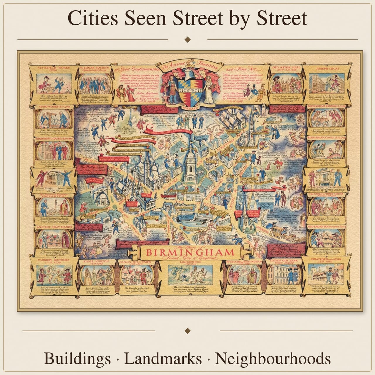 Birmingham pictorial town plan showing historic streets, buildings and landmarks