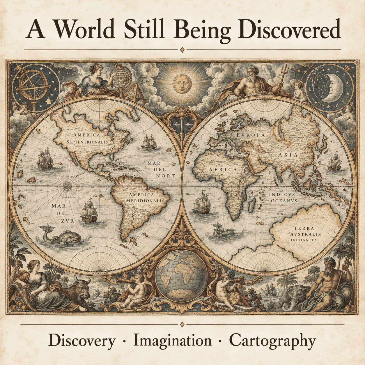 Decorative double-hemisphere antique world map with sailing ships and celestial illustrations