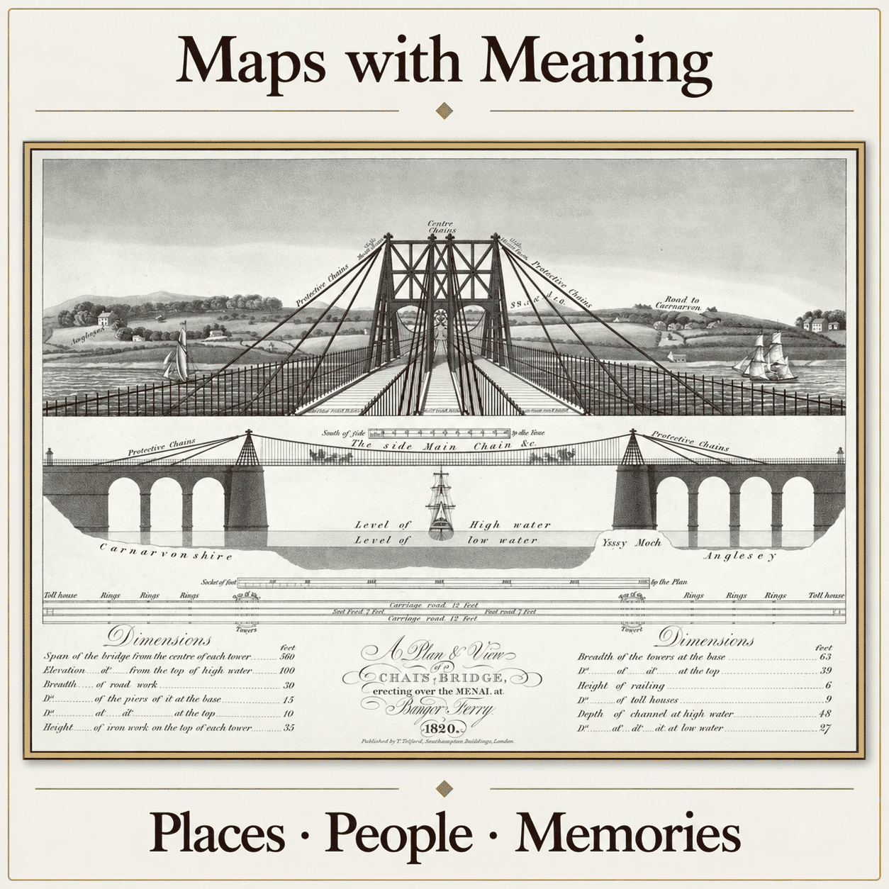 Thomas Telford’s 1820 Menai Bridge engineering plan presented as a historic map gift