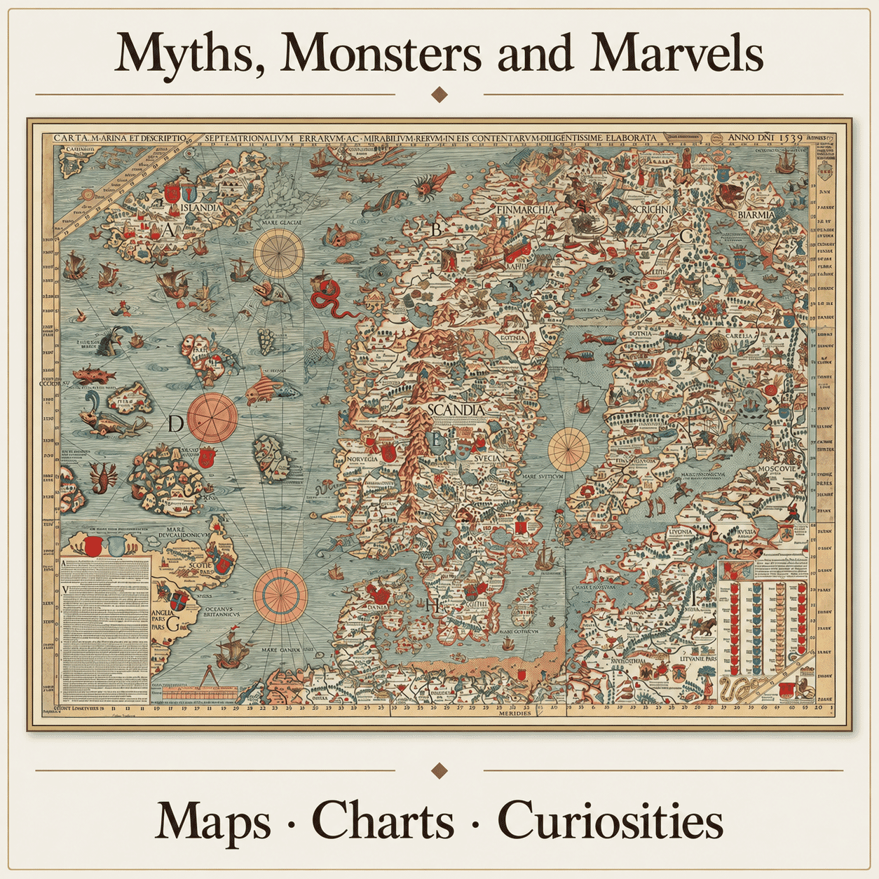 Historic Carta Marina sea monsters map used for the Unusual Old Maps and Historic Curiosities collection