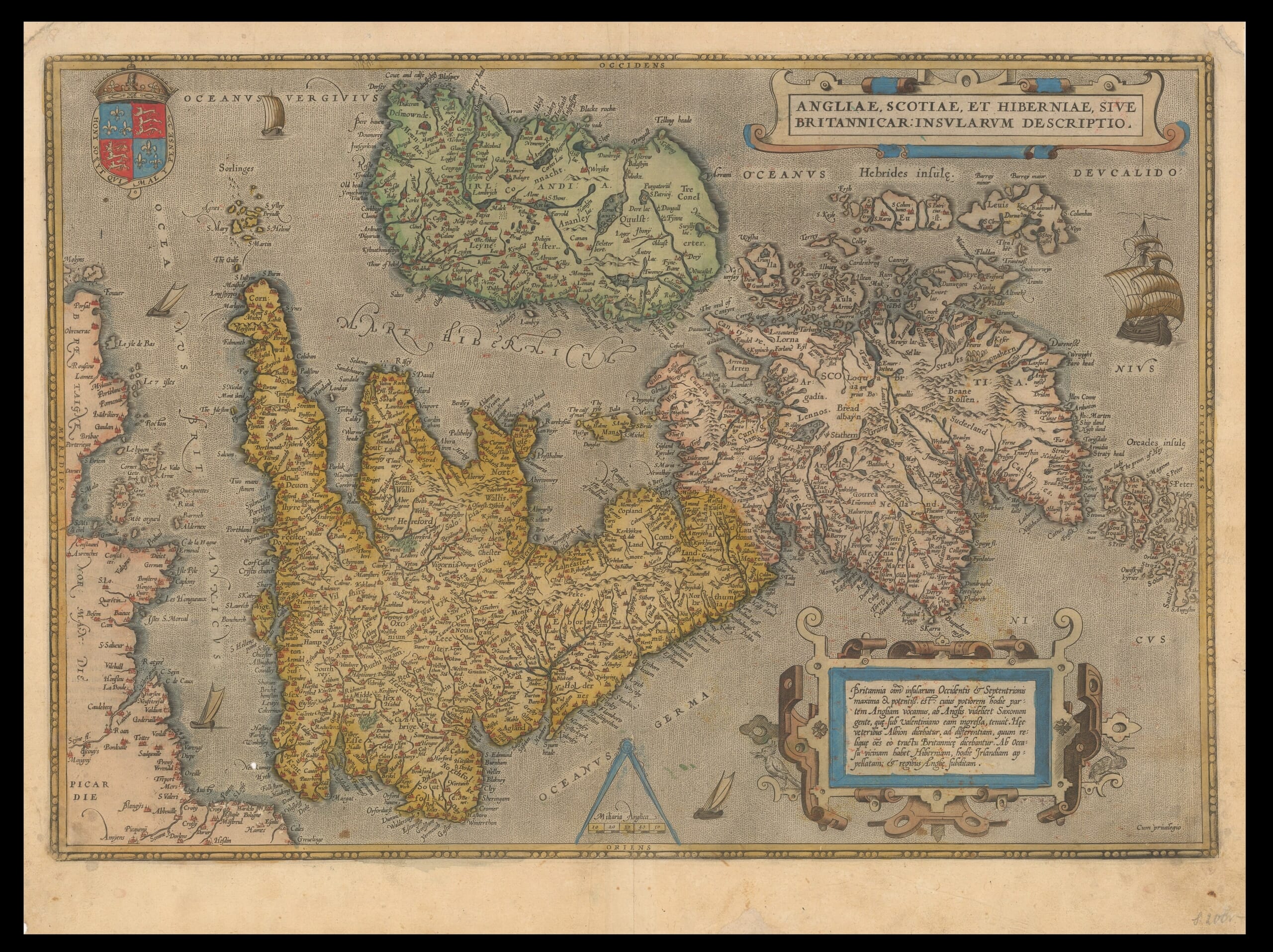 Ortelius’s coloured map of Great Britain and Ireland, with west at the top, sailing ships and ornate cartouches