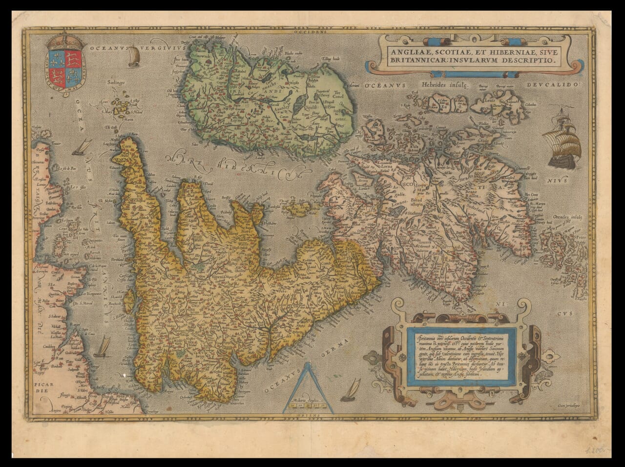 Ortelius’s coloured map of Great Britain and Ireland, with west at the top, sailing ships and ornate cartouches