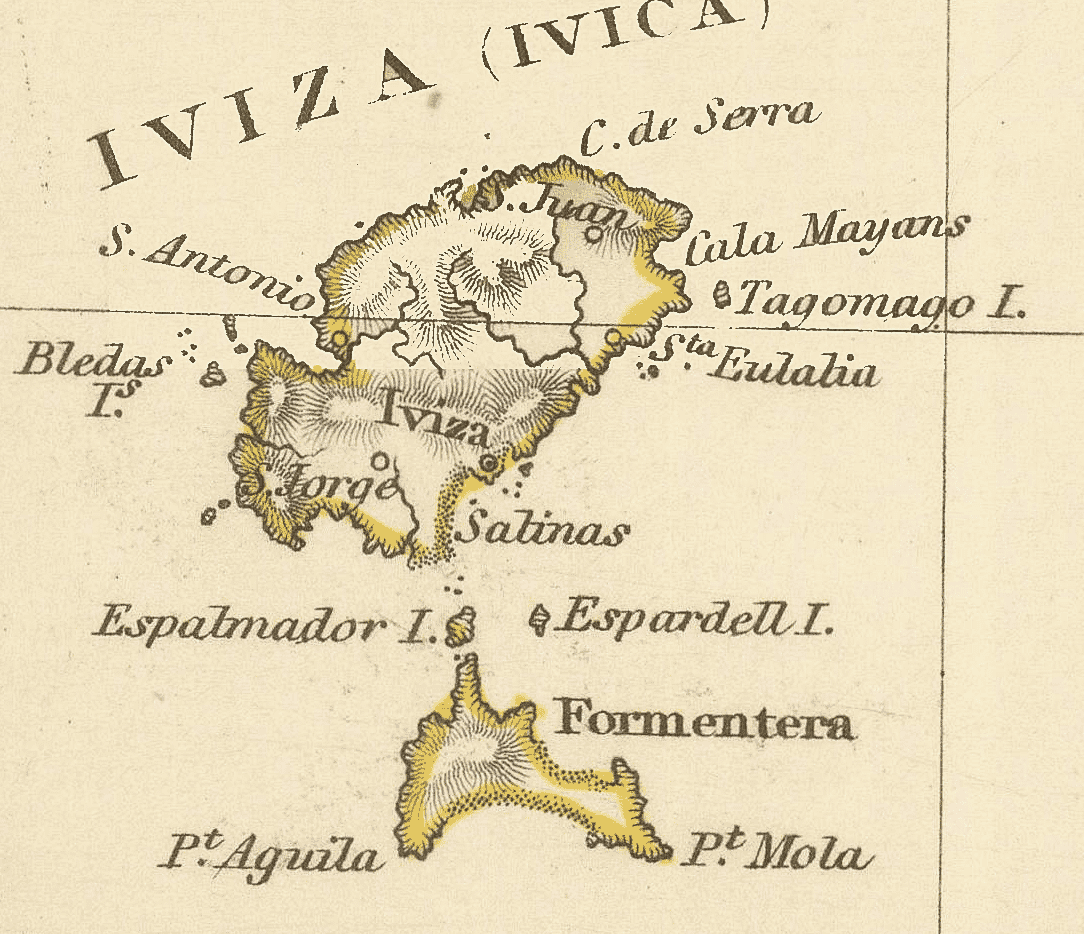 Ibiza and Formentera with yellow coastal outlines on the 1831 Balearic Islands map