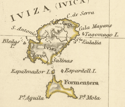 Ibiza and Formentera with yellow coastal outlines on the 1831 Balearic Islands map