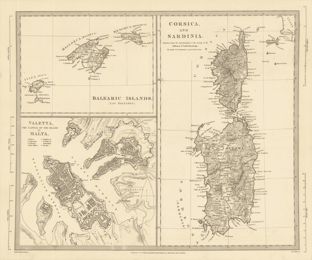 1831 map sheet showing the Balearic Islands, Corsica, Sardinia and a plan of Valletta