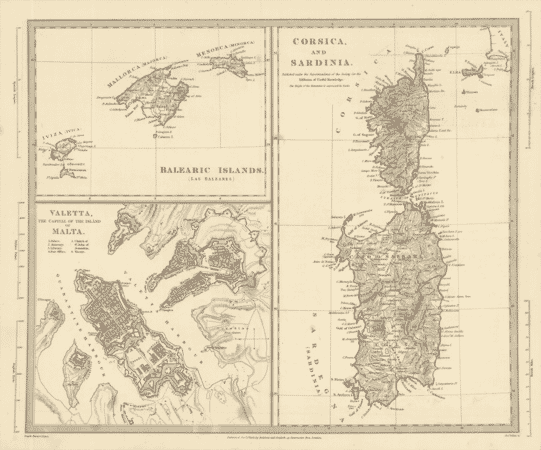 1831 map sheet showing the Balearic Islands, Corsica, Sardinia and a plan of Valletta