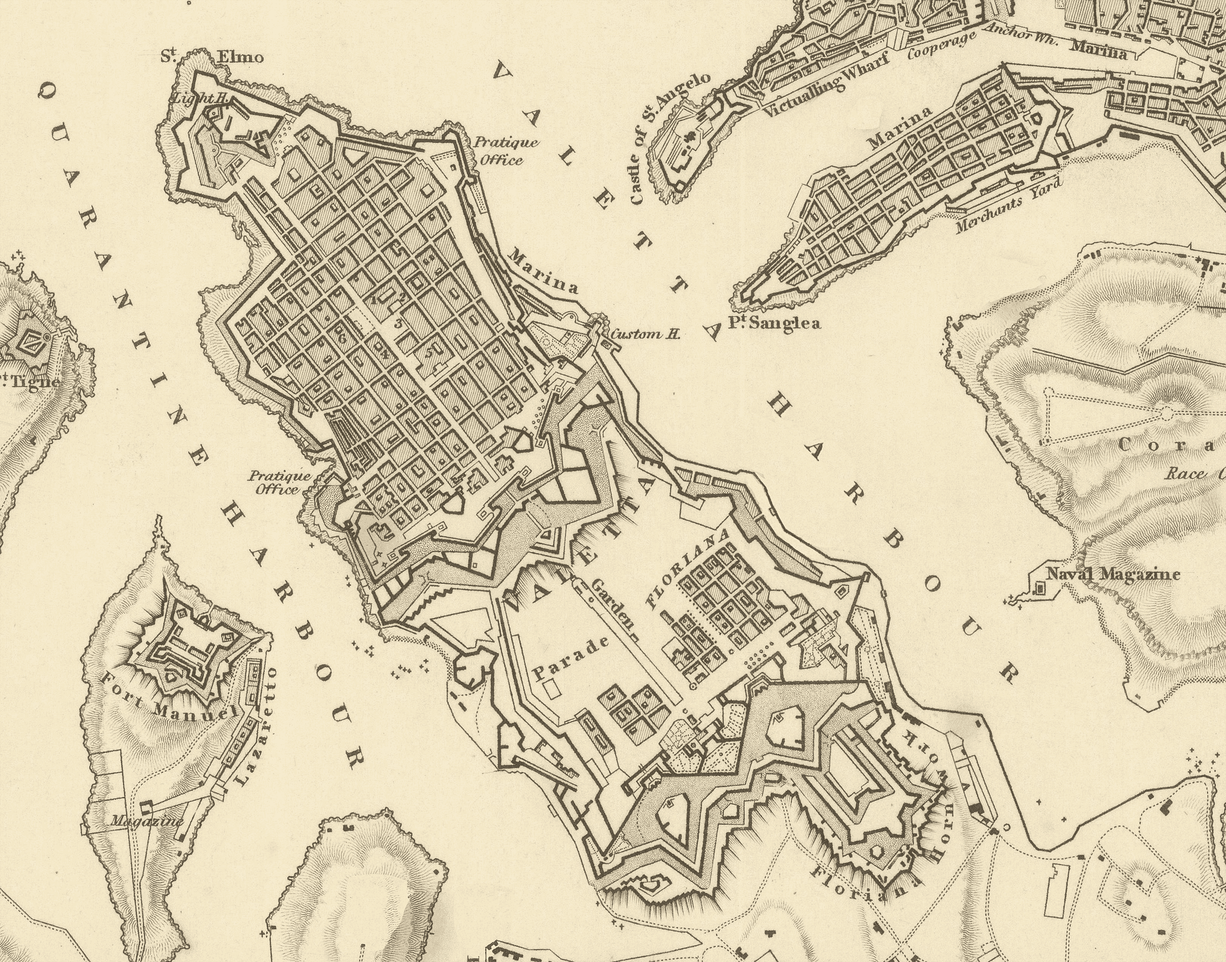 Valletta street plan with Fort St Elmo, Floriana and surrounding harbours