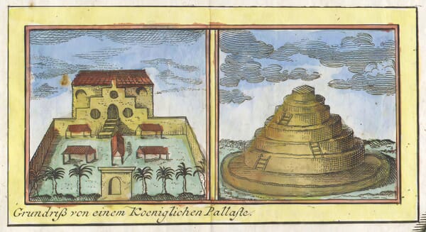 Royal palace and stepped temple illustrations on the old map of Bali