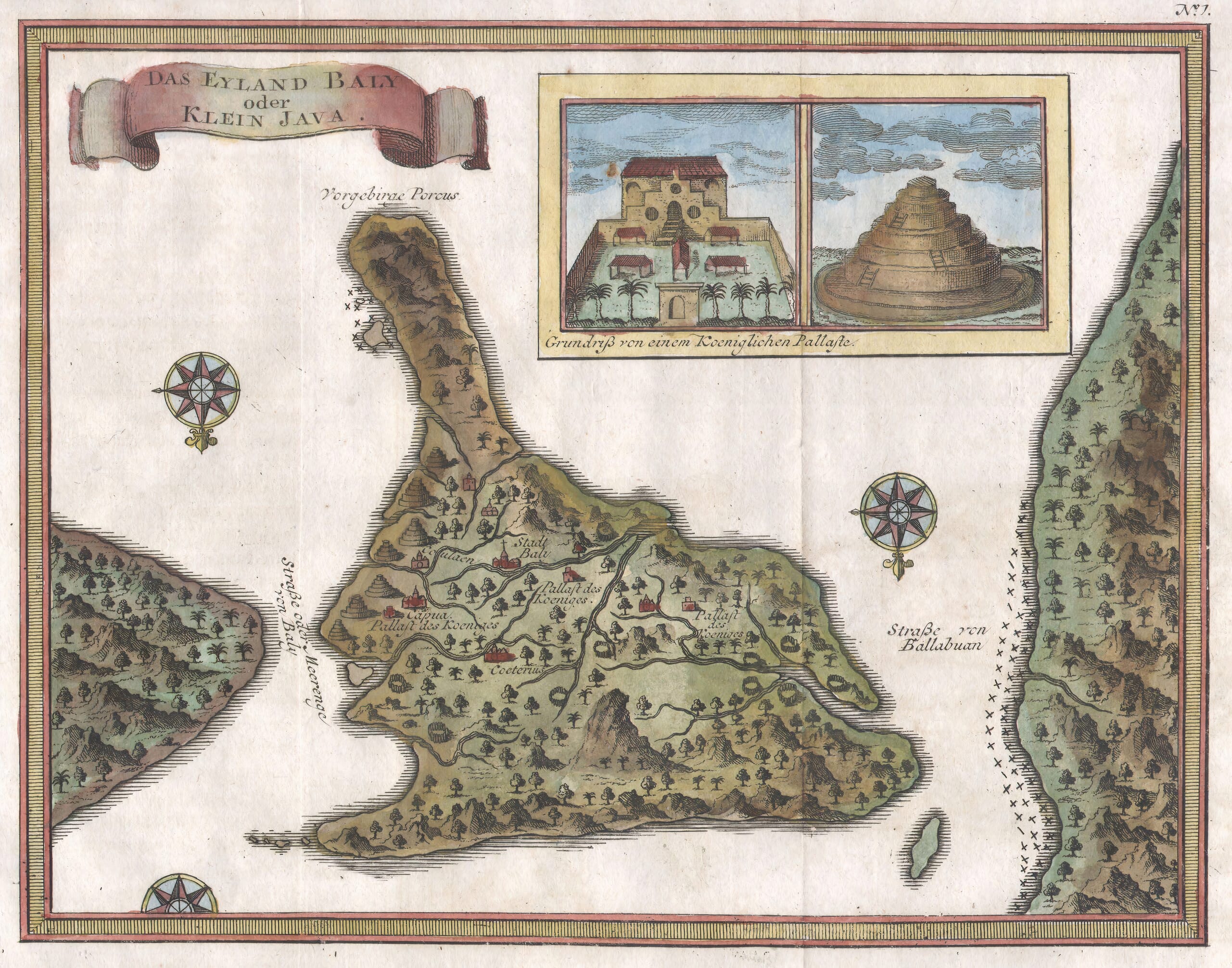 Coloured old map of Bali with palace and temple illustrations and compass roses