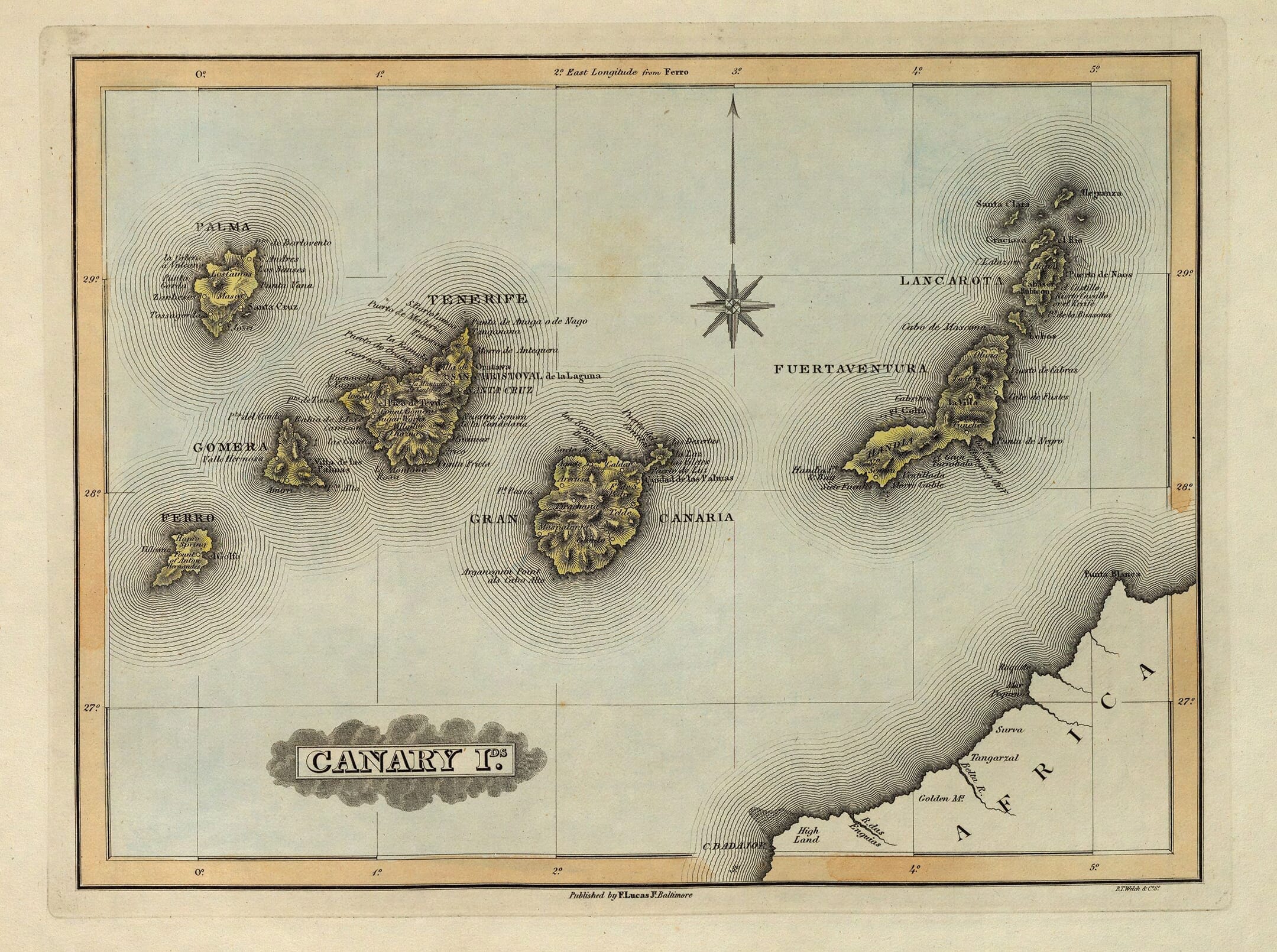 Old map of the Canary Islands with a detailed inset of Tenerife