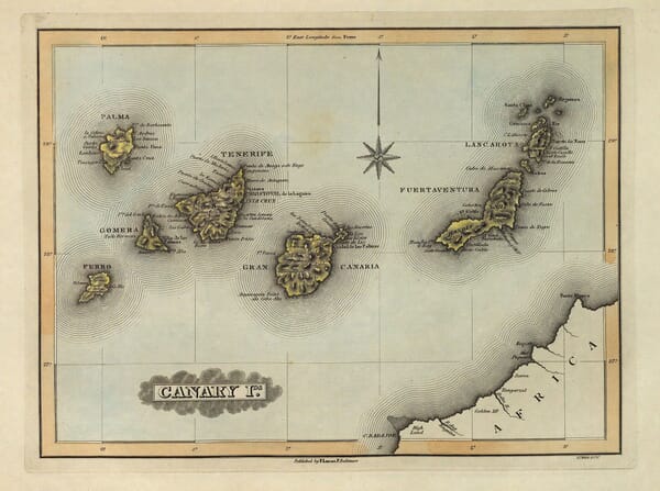 Old map of the Canary Islands with a detailed inset of Tenerife