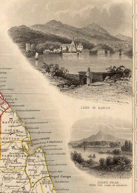 Lake of Kandy and Adam’s Peak illustrations on the Tallis map of Ceylon