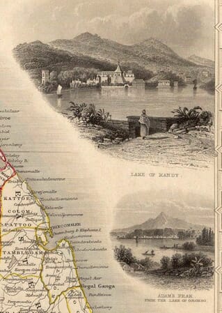 Lake of Kandy and Adam’s Peak illustrations on the Tallis map of Ceylon
