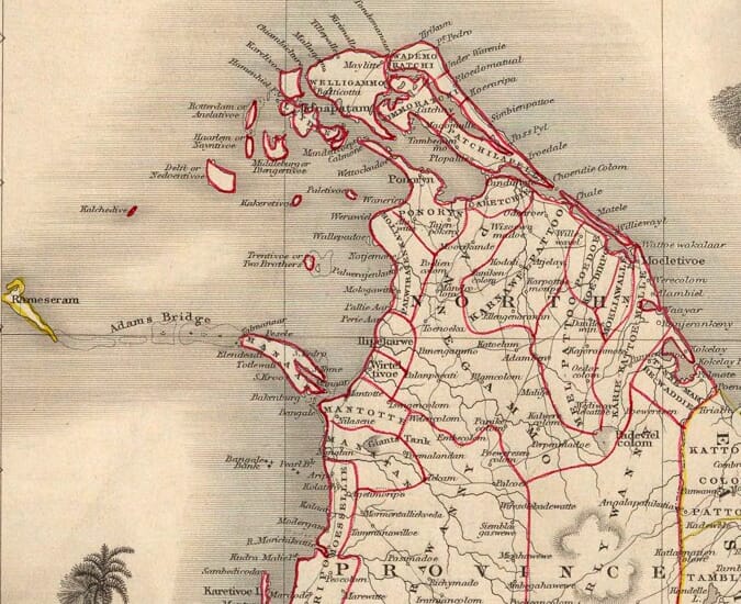 Jaffna peninsula and Adam’s Bridge on Rapkin’s map of Ceylon