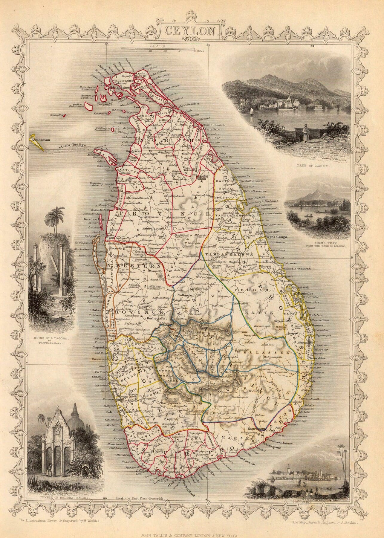 Tallis map of Ceylon with coloured boundaries and five engraved views
