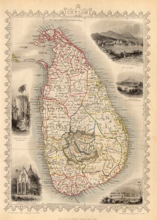 Tallis map of Ceylon with coloured boundaries and five engraved views